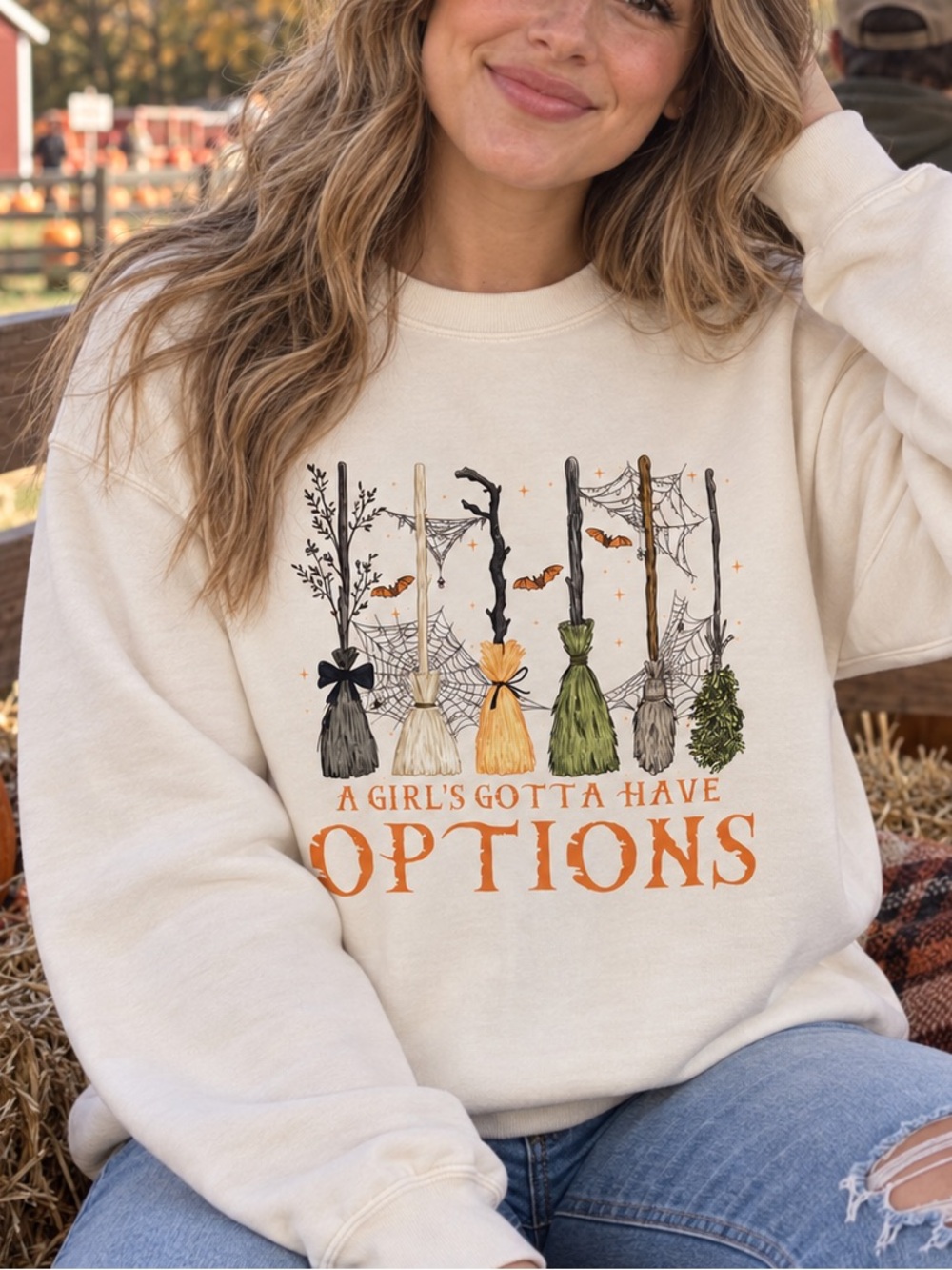 Comfort Colors Halloween Witch Broom Graphic Sweatshirt Ivory M NWT